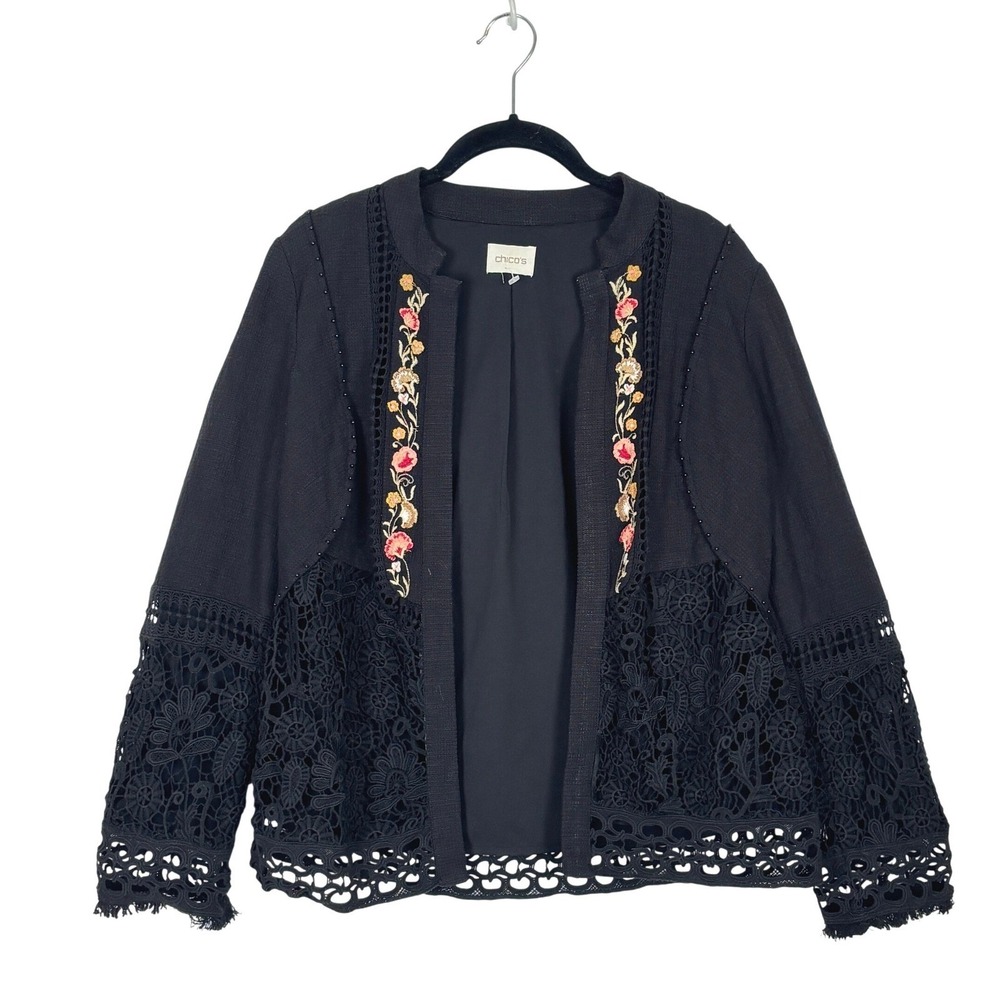 Chico's Black Lace Jacket MEDIUM Embroidered Crochet Open Front Boho Whimsigoth